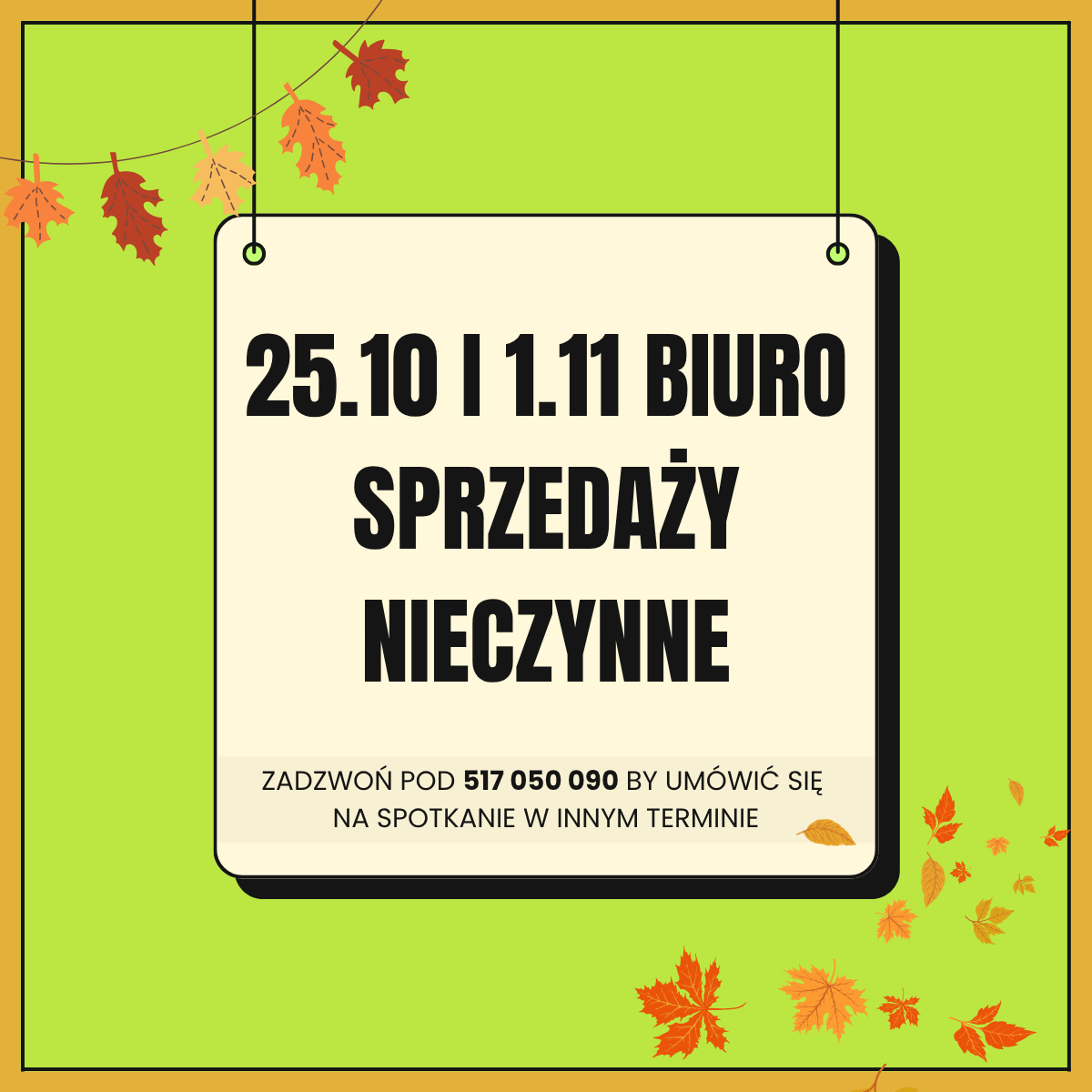 Biuro sprzedaży nieczynne 25.10 i 1.11
